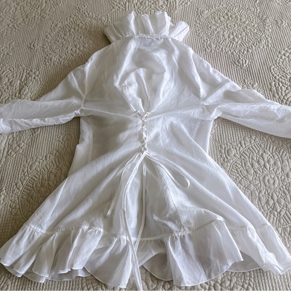 NWT Boston Proper white cotton/silk ruffle blouse w/back lace tie - Picture 5 of 13